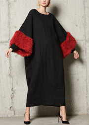 Modern Black O Neck Fuzzy Fur Patchwork Cotton Dress Fall