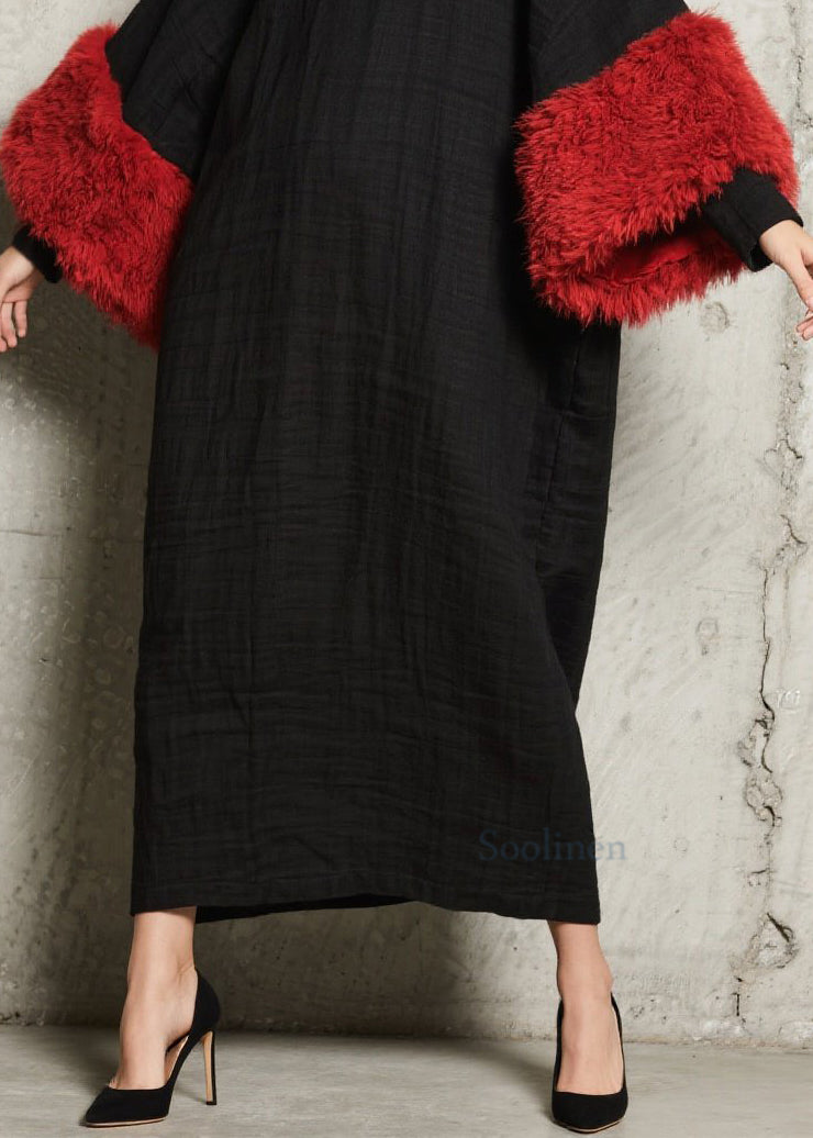 Modern Black O Neck Fuzzy Fur Patchwork Cotton Dress Fall