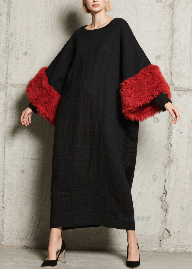 Modern Black O Neck Fuzzy Fur Patchwork Cotton Dress Fall