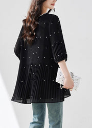 Modern Black O-Neck Nail Bead Silk Top Half Sleeve