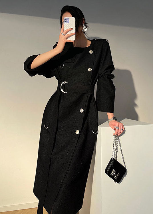 Modern Black O-Neck Sashes Original Design Wool Trench Long Sleeve ...
