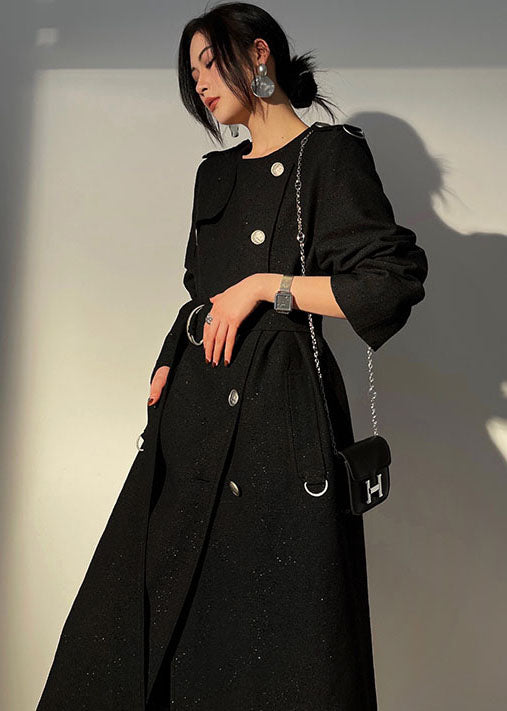 Modern Black O-Neck Sashes Original Design Wool Trench Long Sleeve ...
