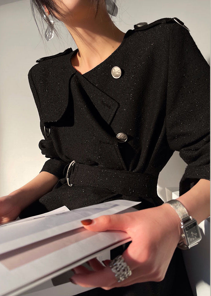Modern Black O-Neck Sashes Original Design Wool Trench Long Sleeve ...