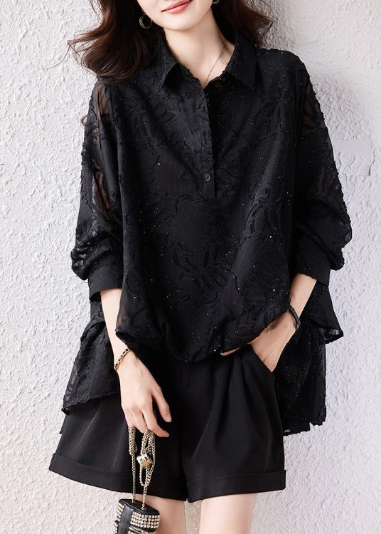 Modern Black Oversized Jacquard Chiffon Shirt Tops Fall