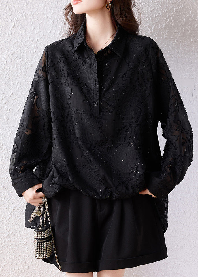 Modern Black Oversized Jacquard Chiffon Shirt Tops Fall