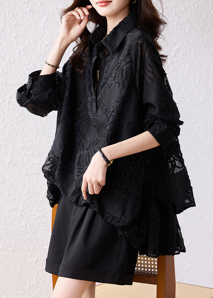 Modern Black Oversized Jacquard Chiffon Shirt Tops Fall