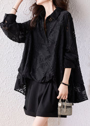 Modern Black Oversized Jacquard Chiffon Shirt Tops Fall