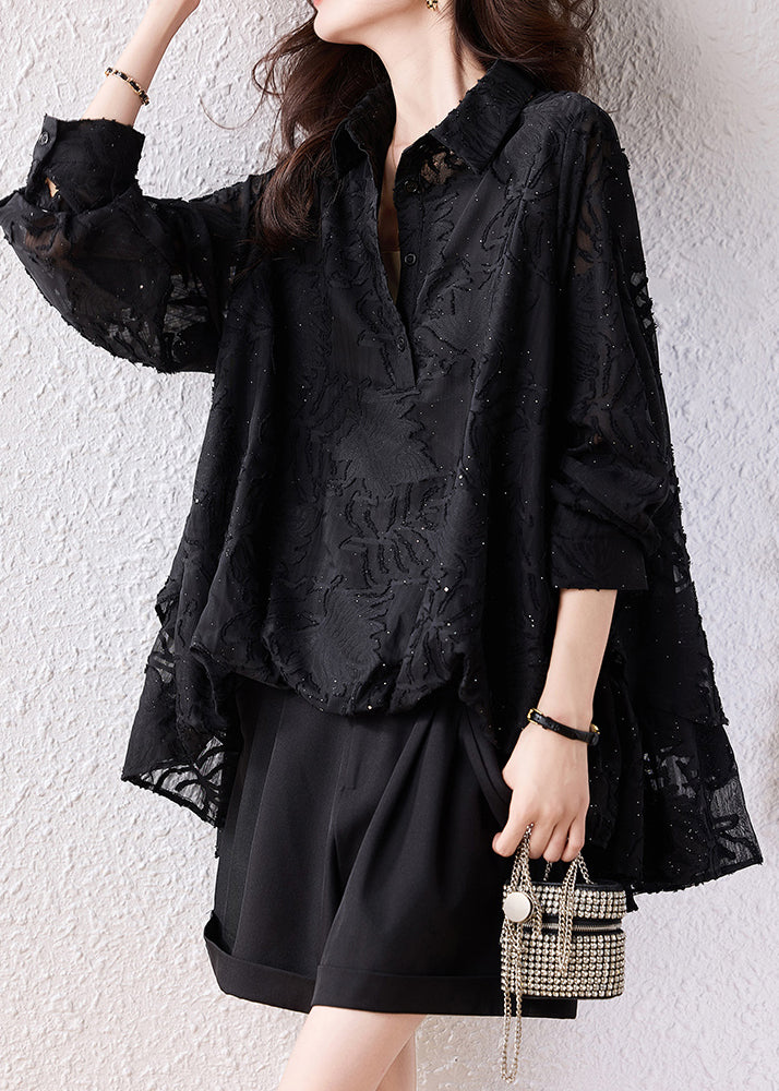 Modern Black Oversized Jacquard Chiffon Shirt Tops Fall