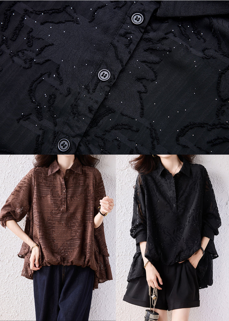 Modern Black Oversized Jacquard Chiffon Shirt Tops Fall