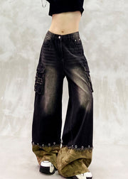 Modern Black Oversized Patchwork Denim Pants Spring