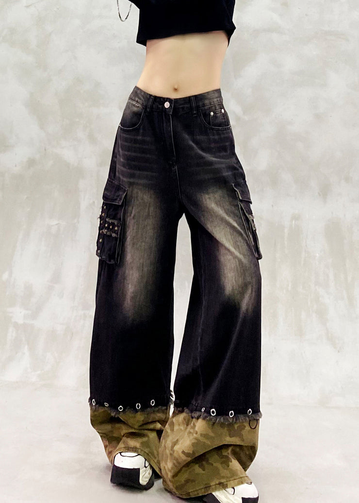 Modern Black Oversized Patchwork Denim Pants Spring