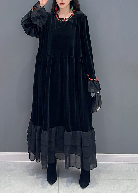 Modern Black Oversized Patchwork Silk Velvet Holiday Dress Spring