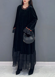 Modern Black Oversized Patchwork Silk Velvet Holiday Dress Spring
