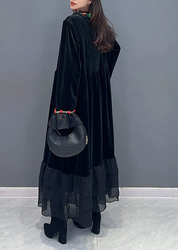 Modern Black Oversized Patchwork Silk Velvet Holiday Dress Spring