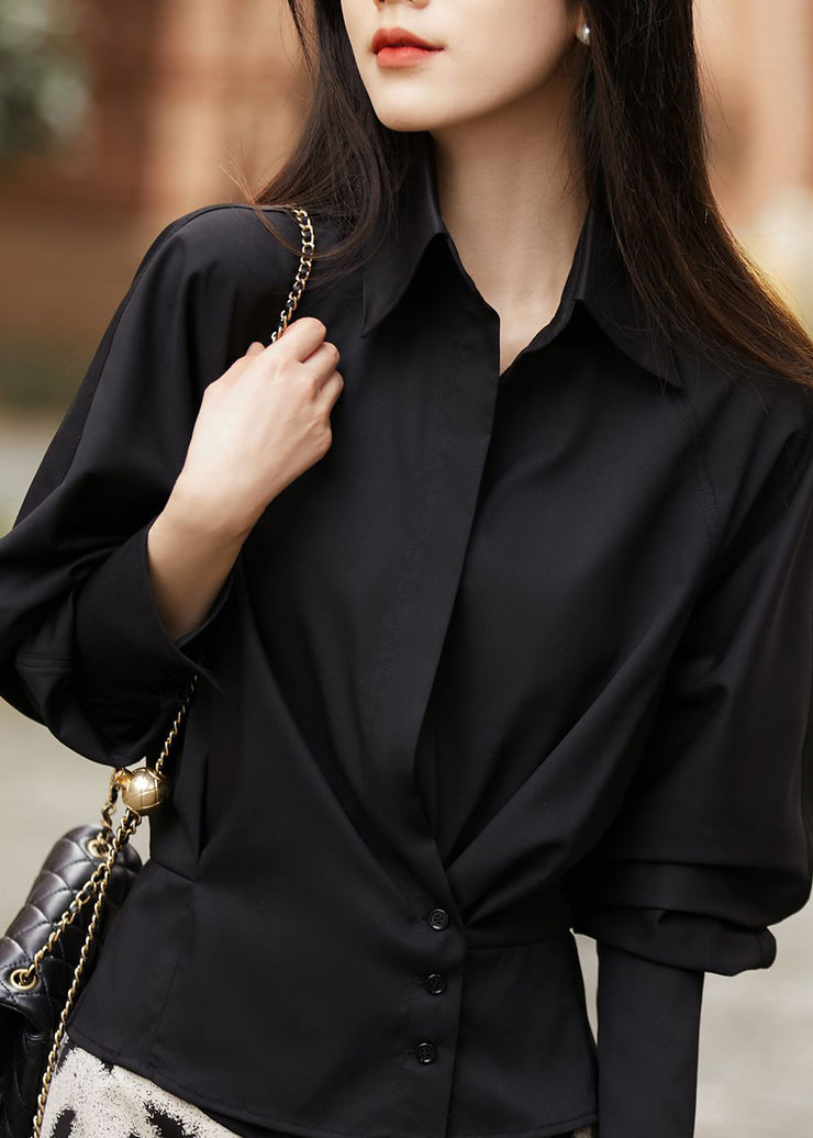 Modern Black Peter Pan Collar Patchwork Solid Shirt Lantern Sleeve