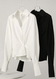 Modern Black Peter Pan Collar Patchwork Solid Shirt Lantern Sleeve