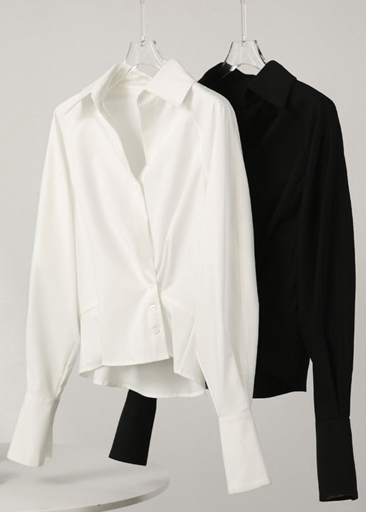 Modern Black Peter Pan Collar Patchwork Solid Shirt Lantern Sleeve