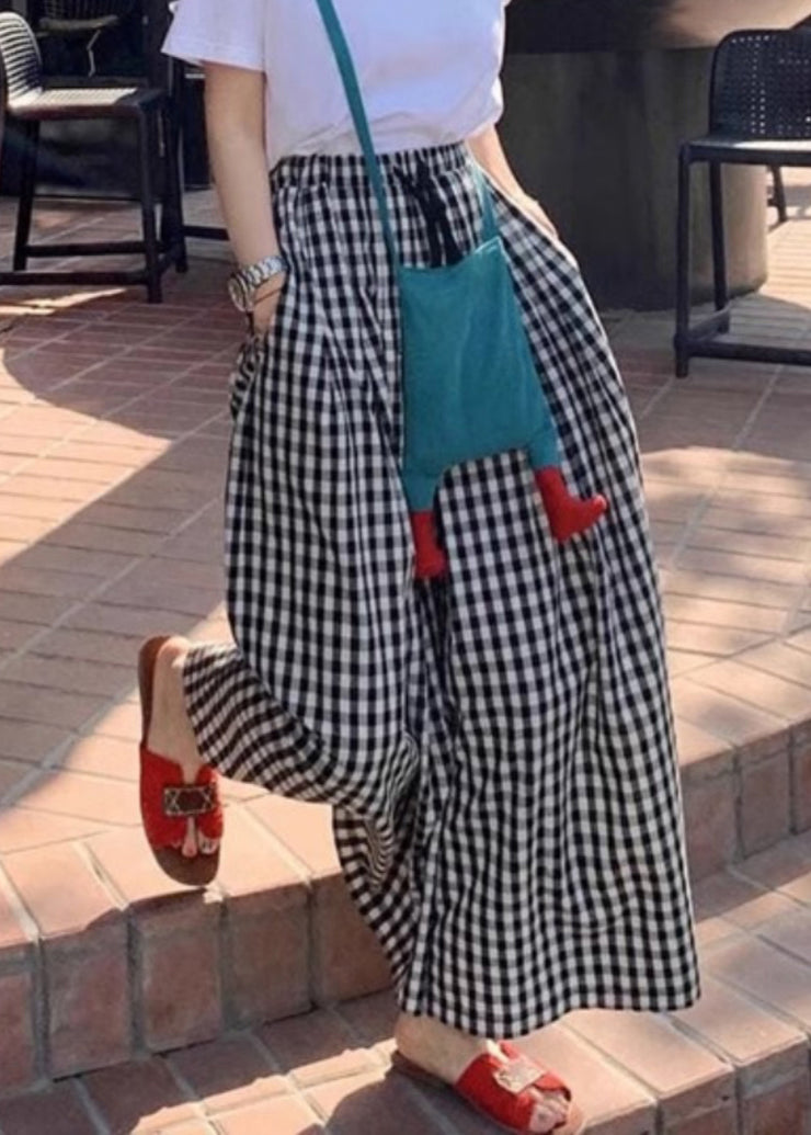 Modern Black Plaid Elastic Waist Cotton Wide Leg Pants Summer