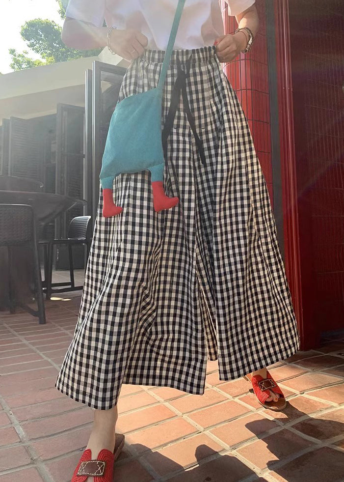 Modern Black Plaid Elastic Waist Cotton Wide Leg Pants Summer