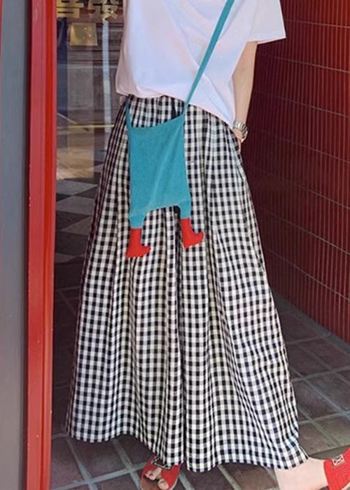 Modern Black Plaid Elastic Waist Cotton Wide Leg Pants Summer