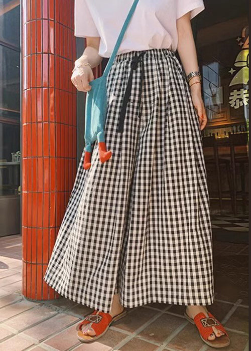 Modern Black Plaid Elastic Waist Cotton Wide Leg Pants Summer