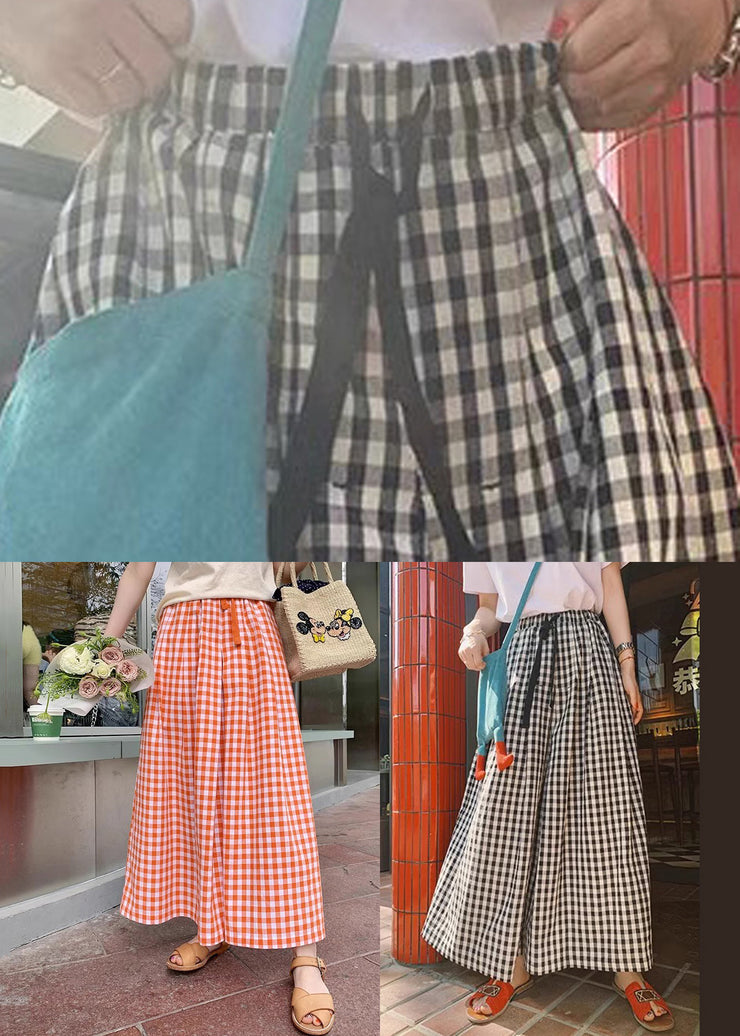 Modern Black Plaid Elastic Waist Cotton Wide Leg Pants Summer