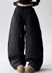 Modern Black Pockets Elastic Waist Cotton Filled Pants Winter