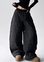 Modern Black Pockets Elastic Waist Cotton Filled Pants Winter