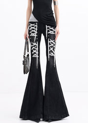 Modern Black Pockets Lace Up Patchwork Denim Flared Trousers Fall