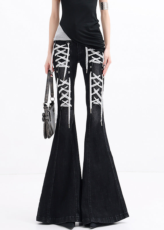 Modern Black Pockets Lace Up Patchwork Denim Flared Trousers Fall