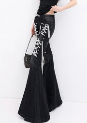 Modern Black Pockets Lace Up Patchwork Denim Flared Trousers Fall