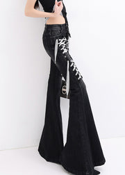 Modern Black Pockets Lace Up Patchwork Denim Flared Trousers Fall