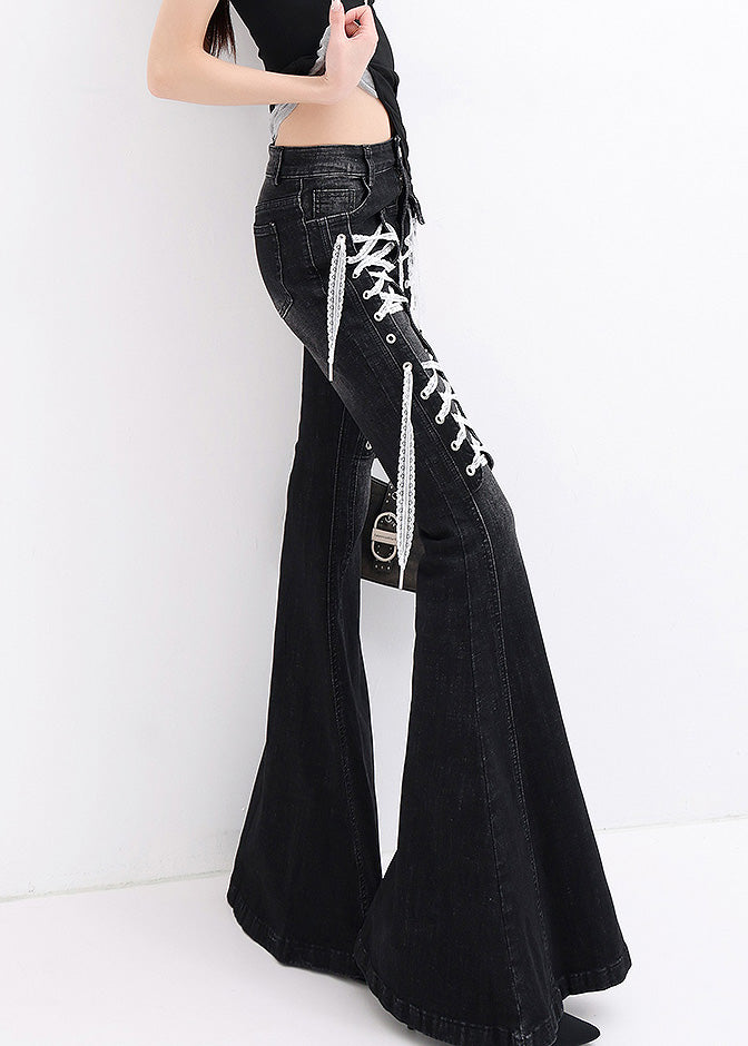 Modern Black Pockets Lace Up Patchwork Denim Flared Trousers Fall