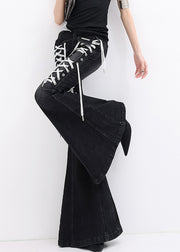 Modern Black Pockets Lace Up Patchwork Denim Flared Trousers Fall
