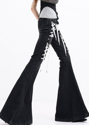 Modern Black Pockets Lace Up Patchwork Denim Flared Trousers Fall