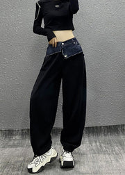 Modern Black Pockets Patchwork Denim Straight Pants Fall