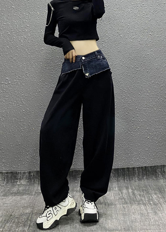 Modern Black Pockets Patchwork Denim Straight Pants Fall