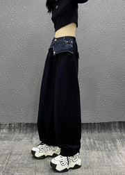 Modern Black Pockets Patchwork Denim Straight Pants Fall