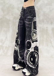 Modern Black Print High Waist Denim Wide Leg Pants Fall