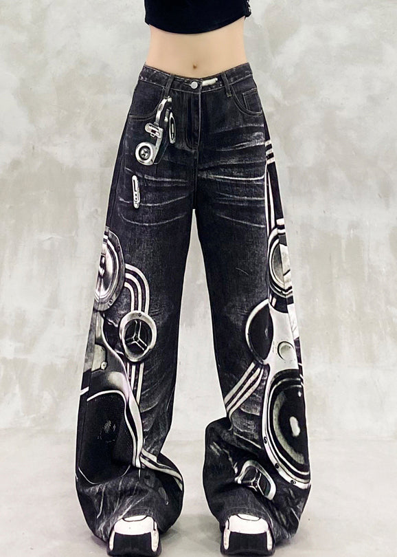 Modern Black Print High Waist Denim Wide Leg Pants Fall