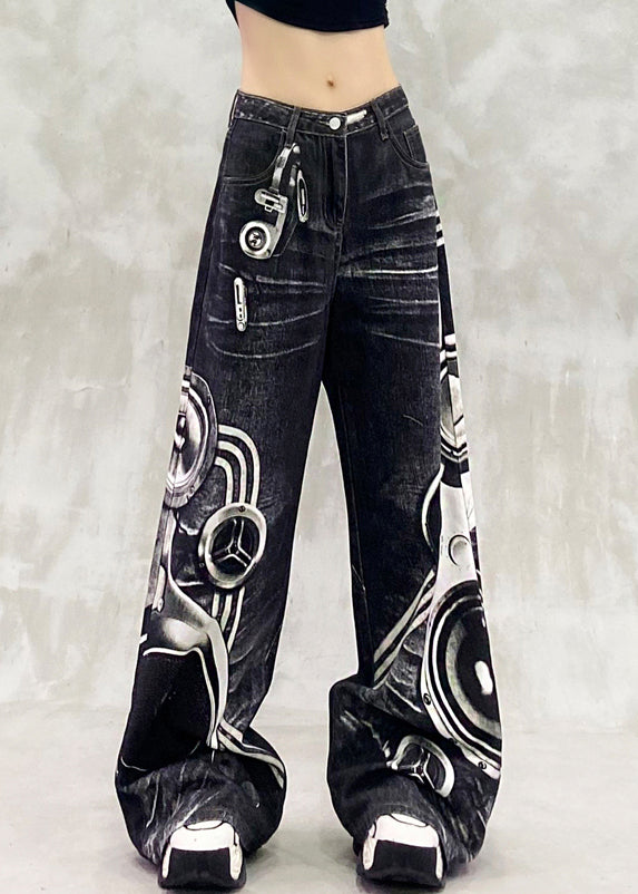 Modern Black Print High Waist Denim Wide Leg Pants Fall