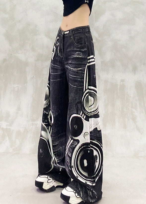 Modern Black Print High Waist Denim Wide Leg Pants Fall