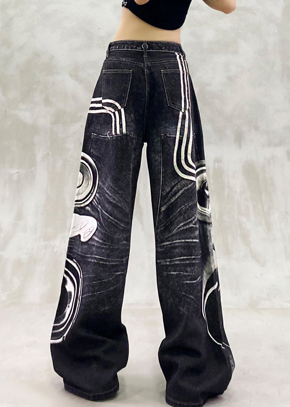 Modern Black Print High Waist Denim Wide Leg Pants Fall