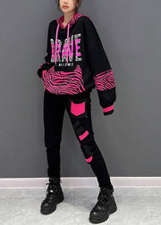 Modern Black Print Hooded Pullover And Pants Two Pieces Set Fall