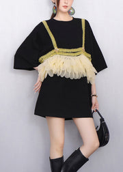 Modern Black Ruffle Tulle Strap Patchwork T Shirt Summer