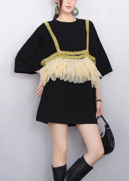 Modern Black Ruffle Tulle Strap Patchwork T Shirt Summer