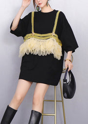 Modern Black Ruffle Tulle Strap Patchwork T Shirt Summer