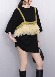 Modern Black Ruffle Tulle Strap Patchwork T Shirt Summer