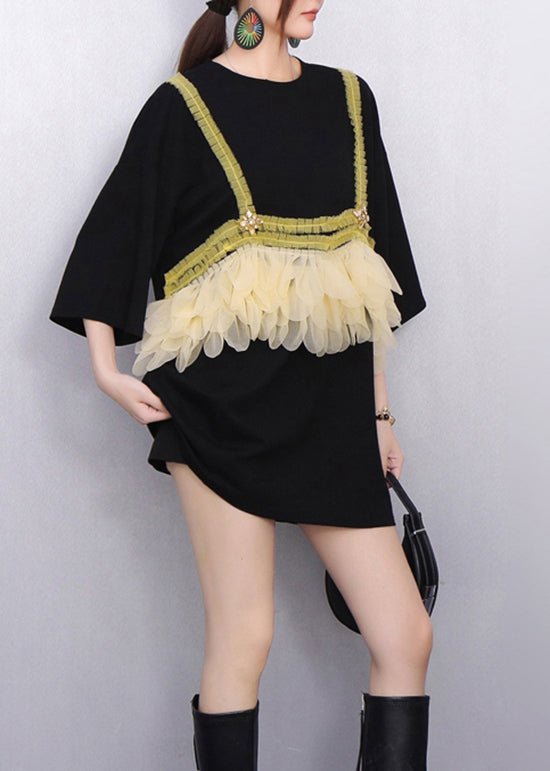 Modern Black Ruffle Tulle Strap Patchwork T Shirt Summer
