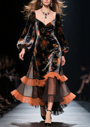 Modern Black Ruffled Patchwork Hollow Out Silk Velvet Dress Spring